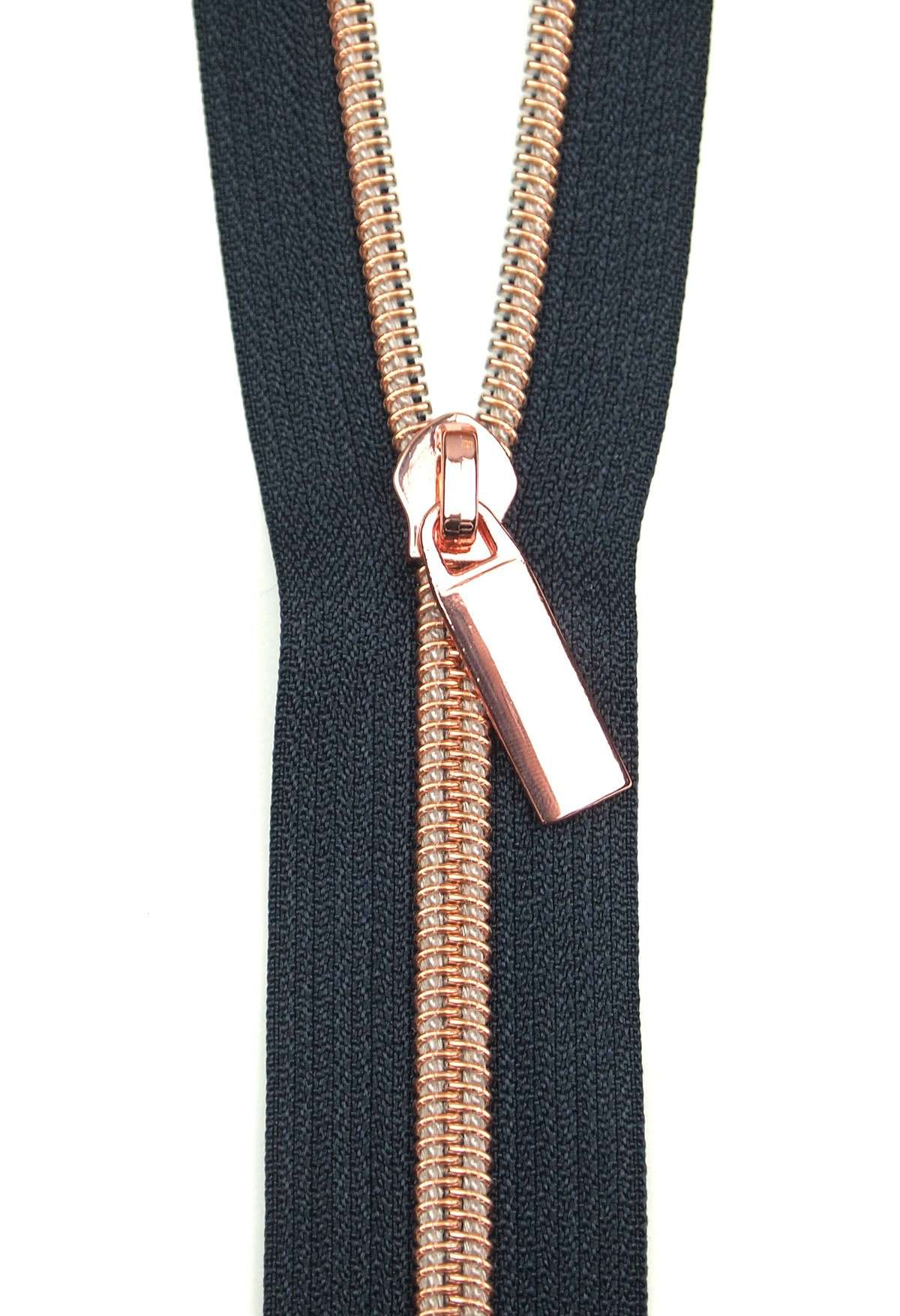 Gorgeous Navy Tape Rose Gold Teeth #5 Zippers By The Yard