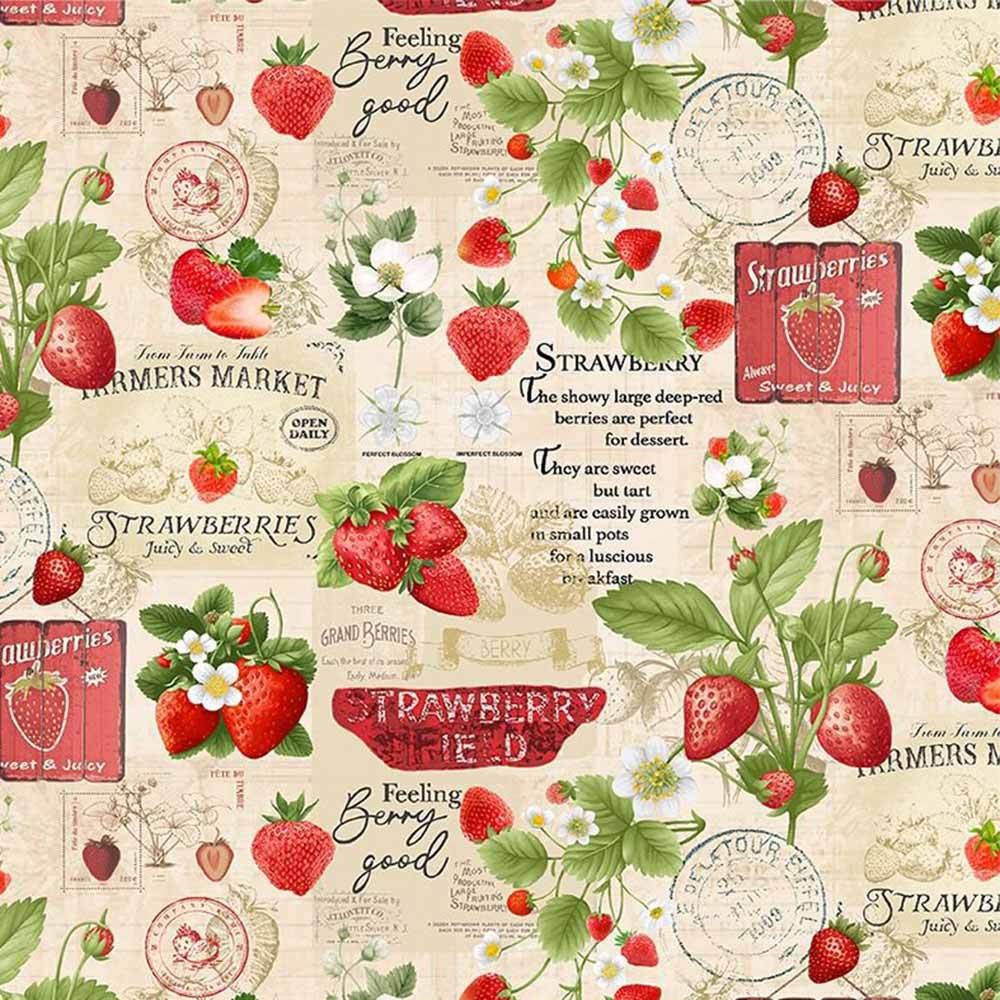 Timeless Treasures - Berry Sweet Strawberries Market Chart Fabric in Beige - Yardage