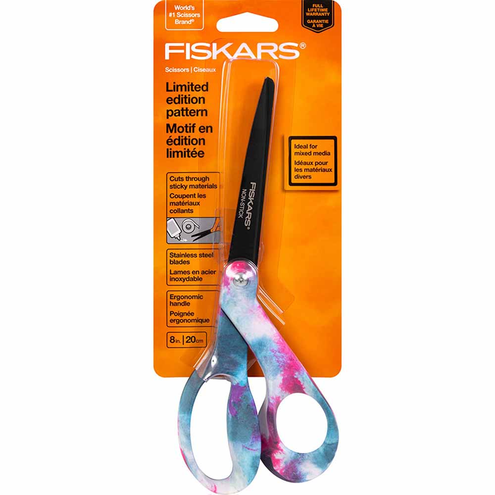 Fiskars Premier 8-Inch Pink & Blue Tie-Dye Bent Deco Non-Stick Scissors - Limited Edition!