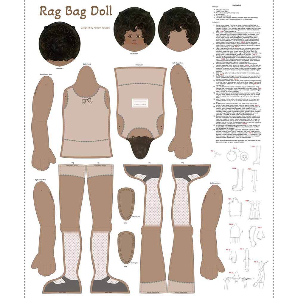 Charming Rag Bag Doll Panel by Miriam Christensen Rawson - Tan, 36 x 43
