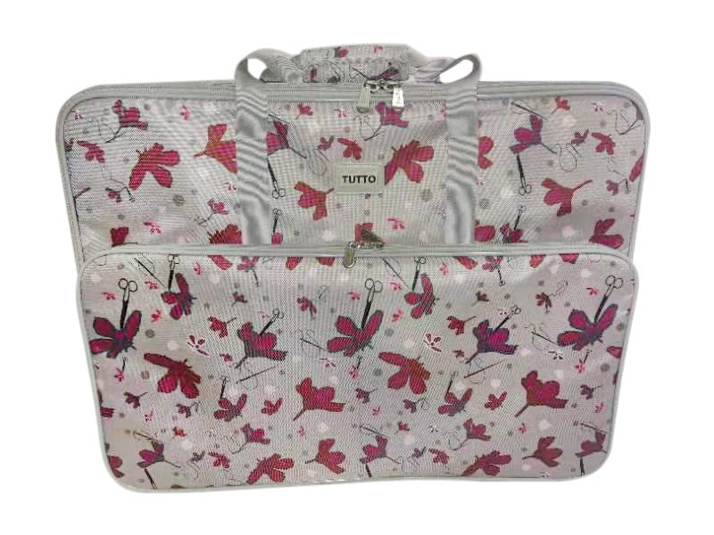 Tutto Large Rose Gray Embroidery Project Bag with Pink Daisies and Gray Trim