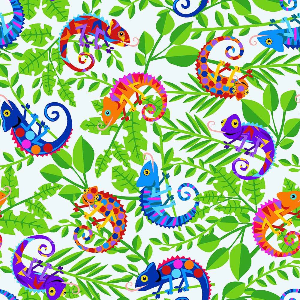 Henry Glass - Cheerful and Colorful Chameleon Fabric by Kate Mawdsley - White Yardage