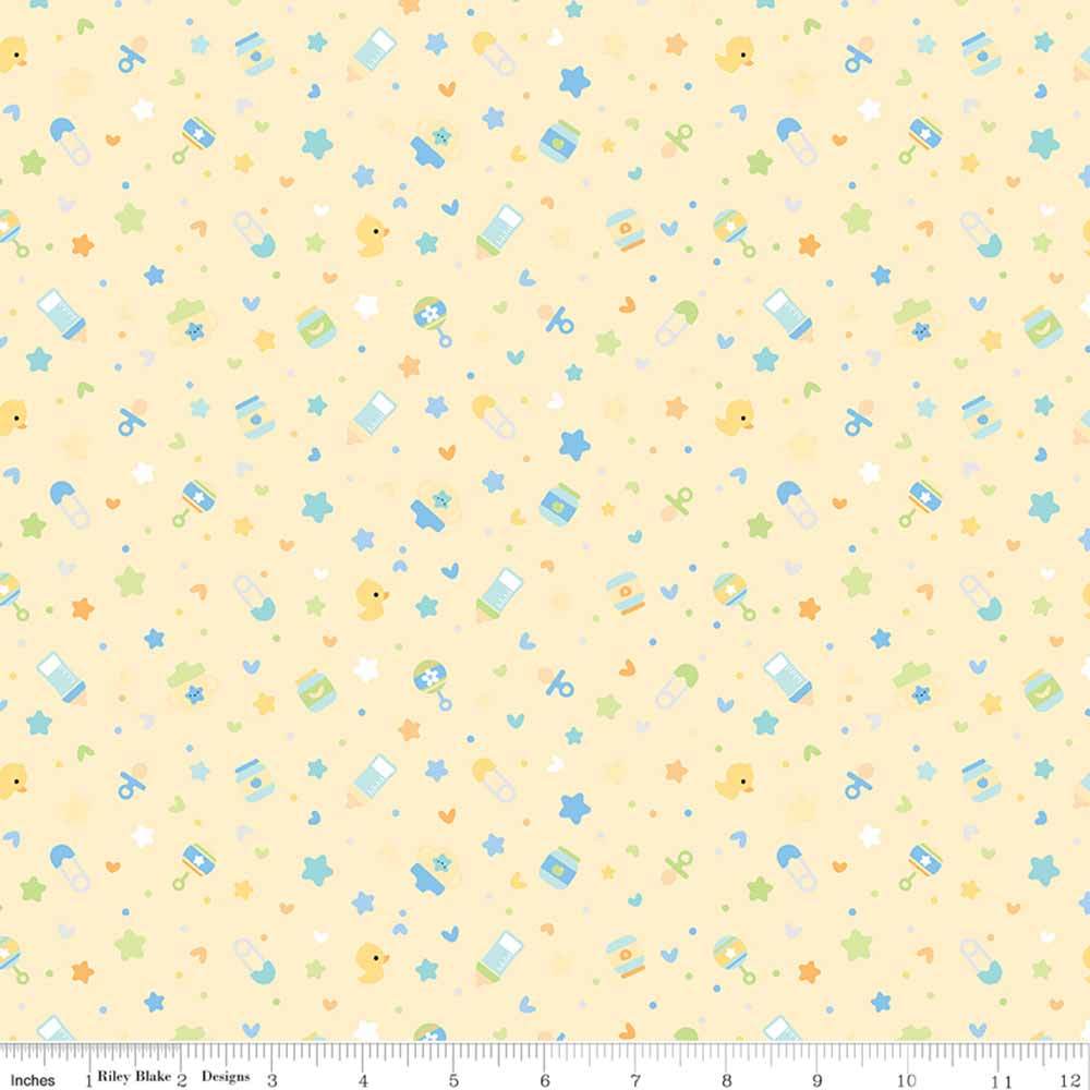 Riley Blake's Adorable Baby Boy Designer Flannel - Doodlebug Design Inc's Binkies And Bottles Sunshine Yardage