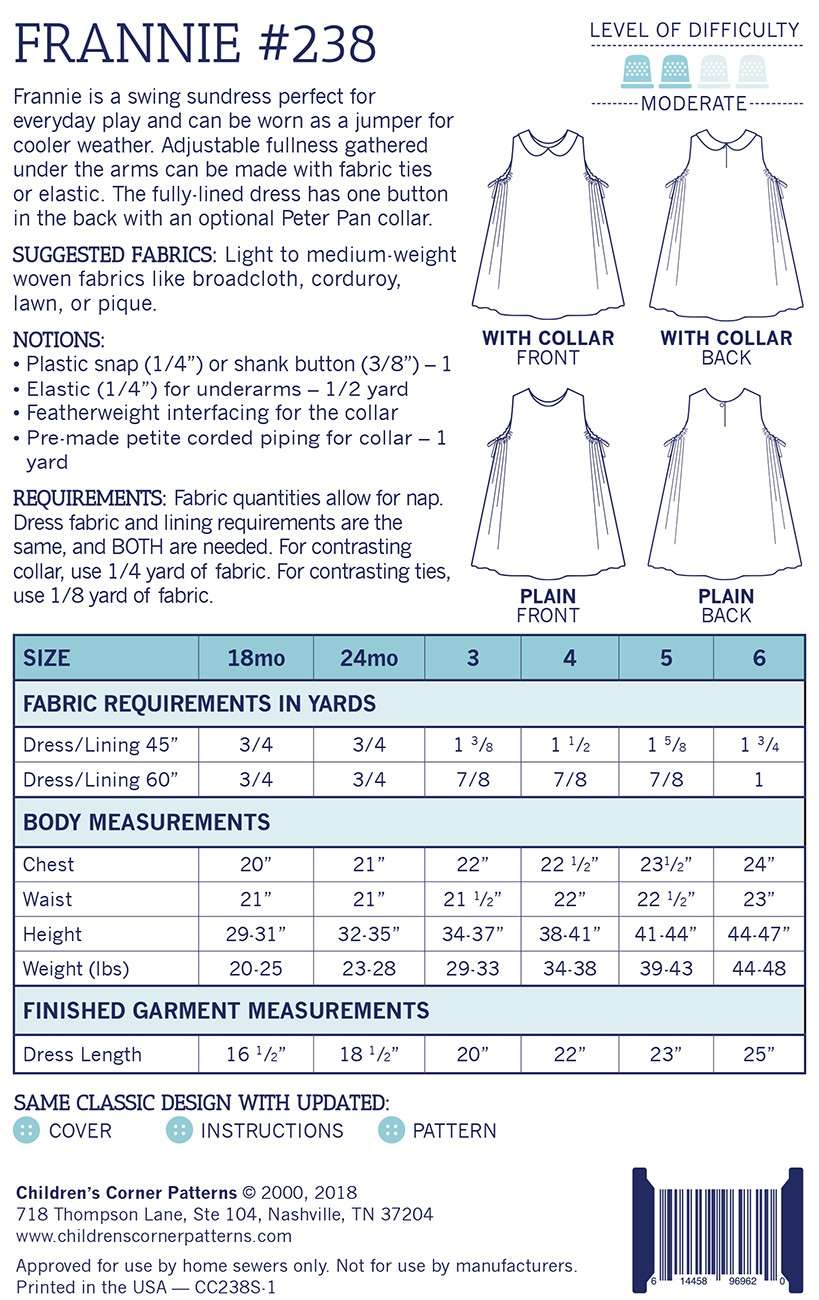 Children's Corner's Frannie Dress Pattern: Ideal for 18 Months - 6 Years