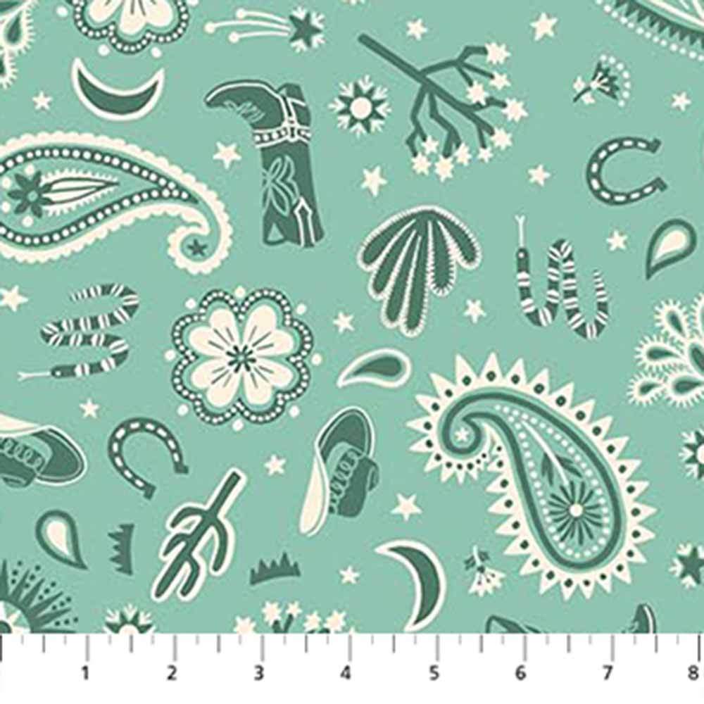 Figo's Desert Sunrise Fabric by Josephine Kimberling - Western Paisleys in Green, Sold by the Yard