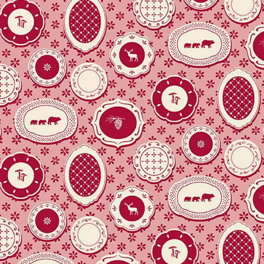 Andover Fabrics - A Woodsy Cottage by Judy Jarvi - Plate Wall Pink Yardage: A Whimsical Vintage Treat!