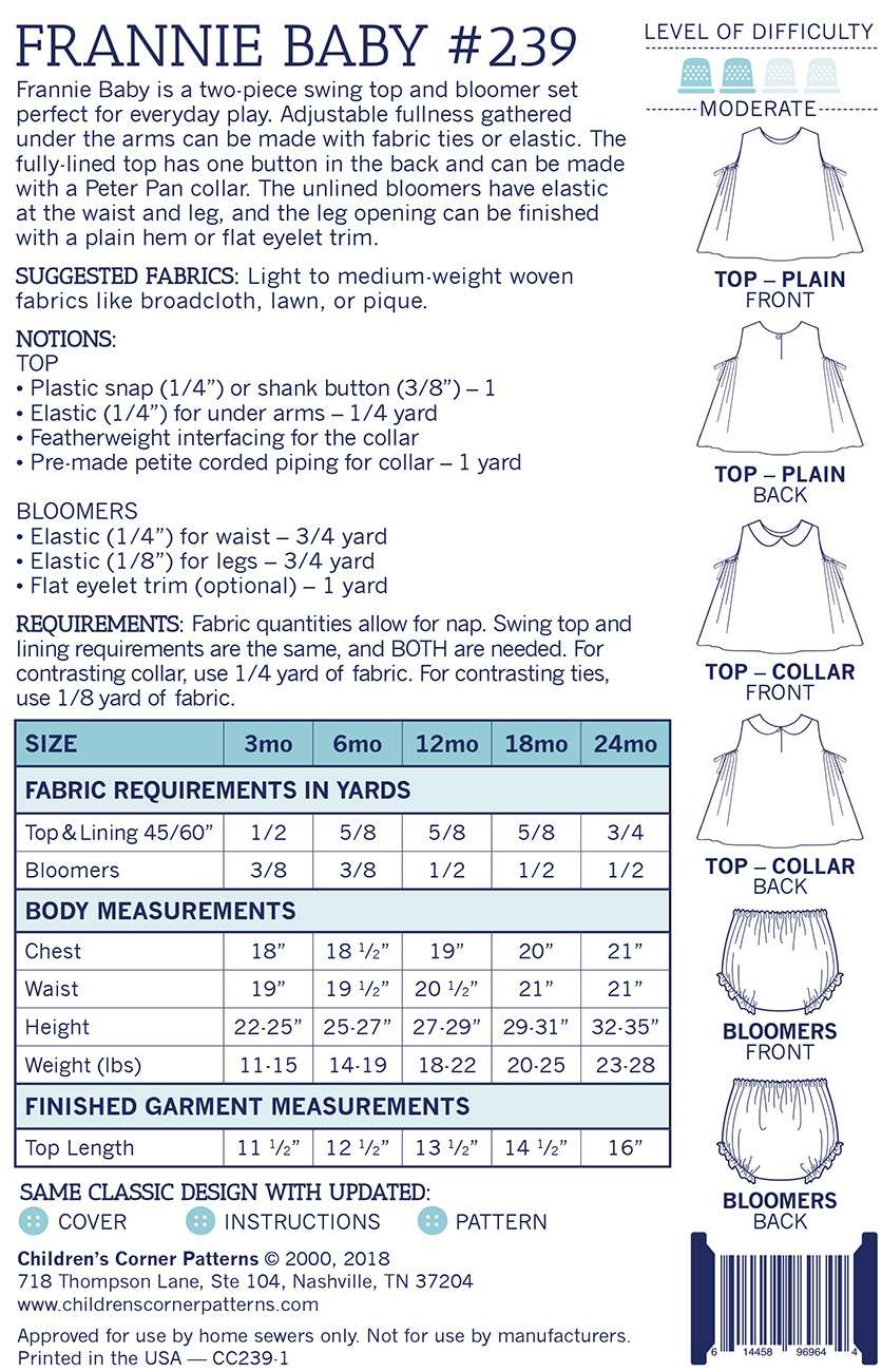Irresistible Frannie Baby Dress Pattern for 3 - 24 Month Olds by Children's Corner