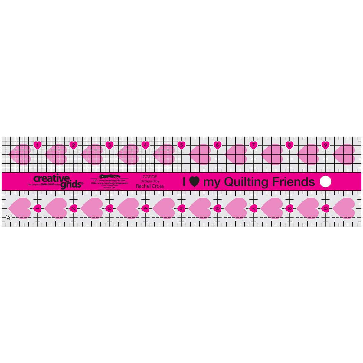 CGRQF - Creative Grids 'I Love My Quilt Friends' Pink Quilting Ruler 2-1/2in x 10in