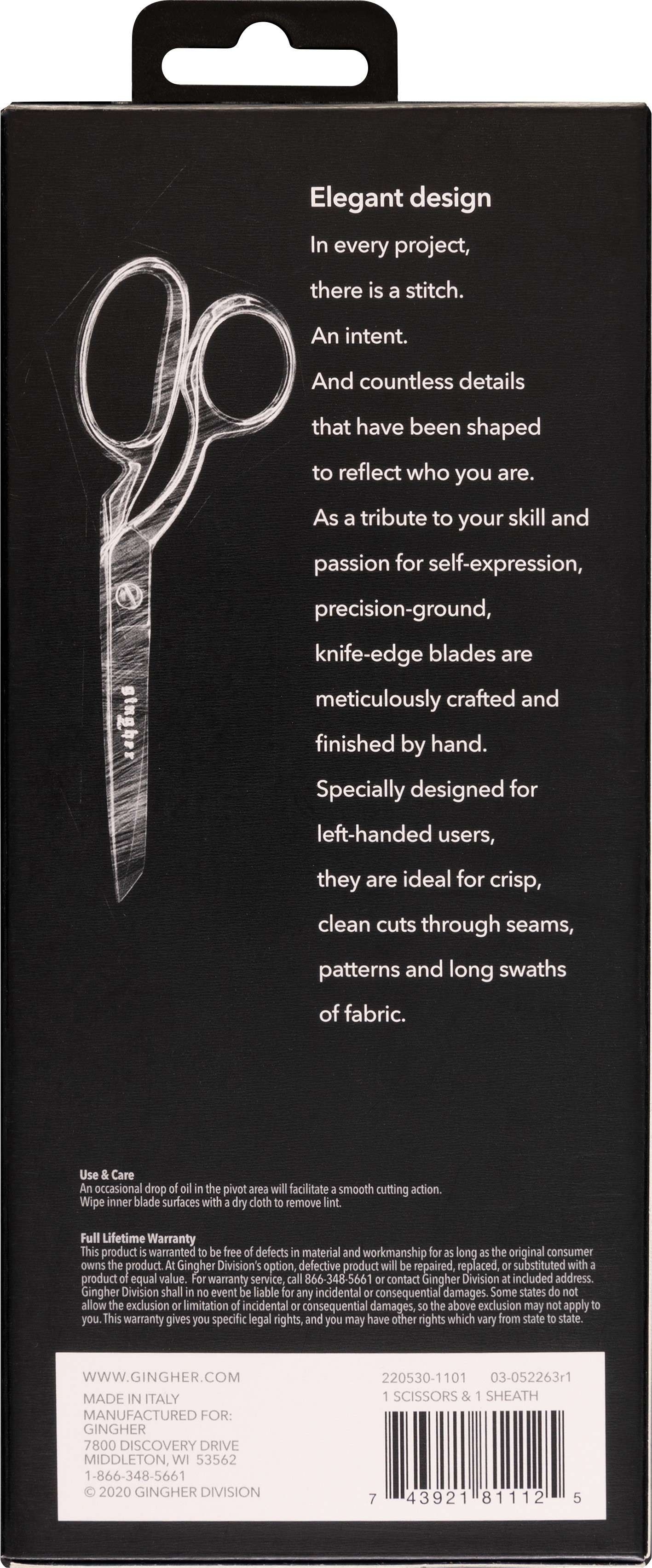 Gingher 8-inch Left-Handed Knife Edge Scissors - Ideal for Precision Fabric Cutting