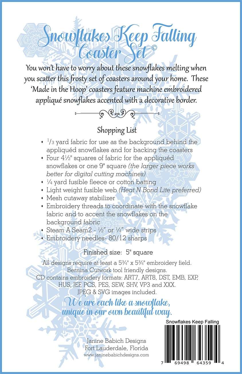 Janine Babich's Enchanting Snowflakes Keep Falling Coaster Set Embroidery