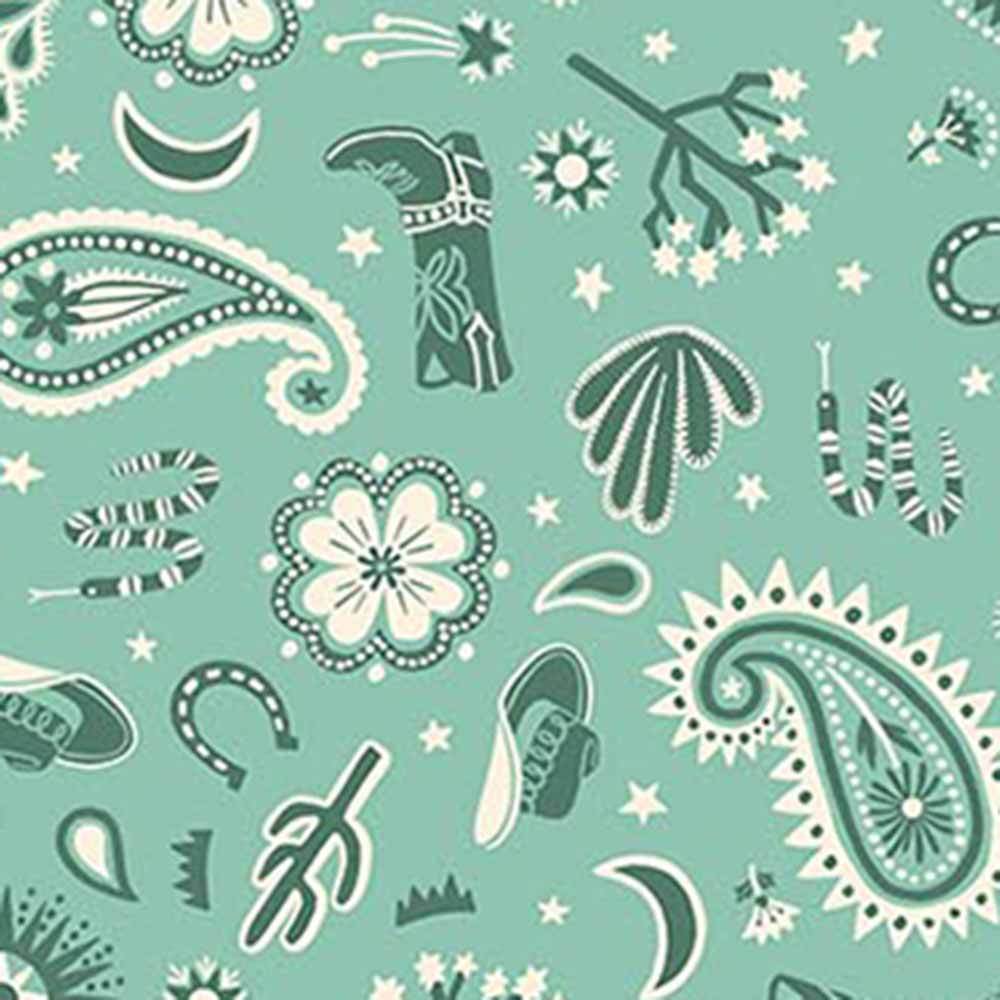 Figo's Desert Sunrise Fabric by Josephine Kimberling - Western Paisleys in Green, Sold by the Yard