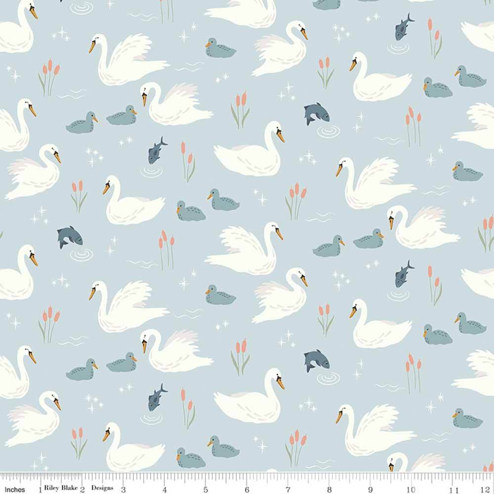 Riley Blake Little Swan Flannel - Swans & Fish in Sky Blue - Buy by the Yard!