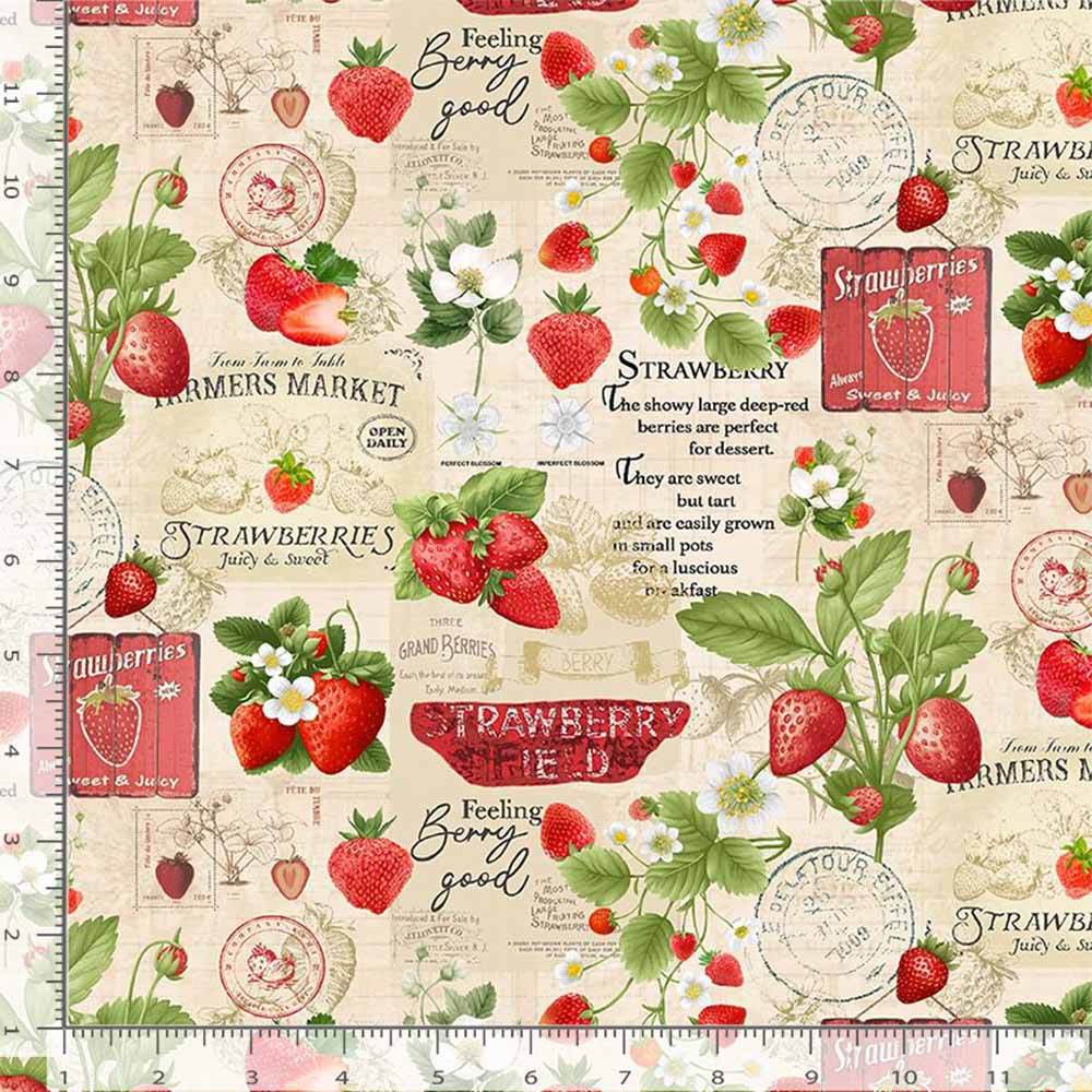 Timeless Treasures - Berry Sweet Strawberries Market Chart Fabric in Beige - Yardage