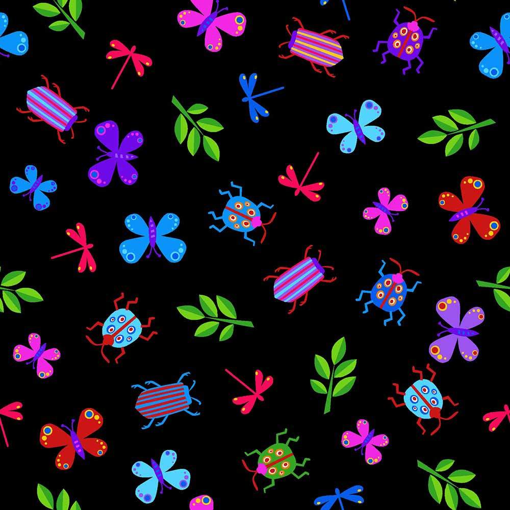 Henry Glass - Cheerful and Colorful Tossed Insects Fabric in Black - By the Yard