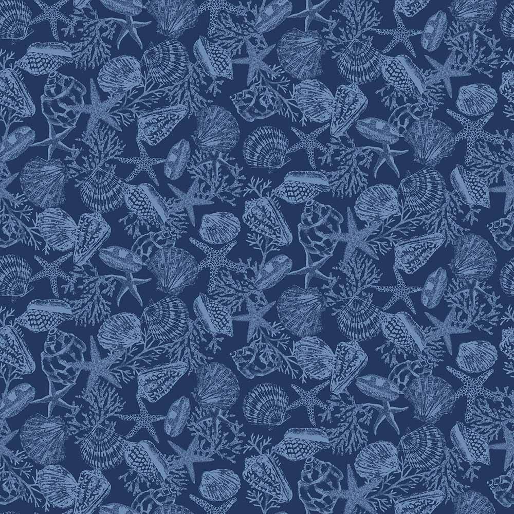 Henry Glass Cobalt Seas by Andrea Tachiera - Navy Monotone Shells Yardage - Dive into Underwater Beauty!