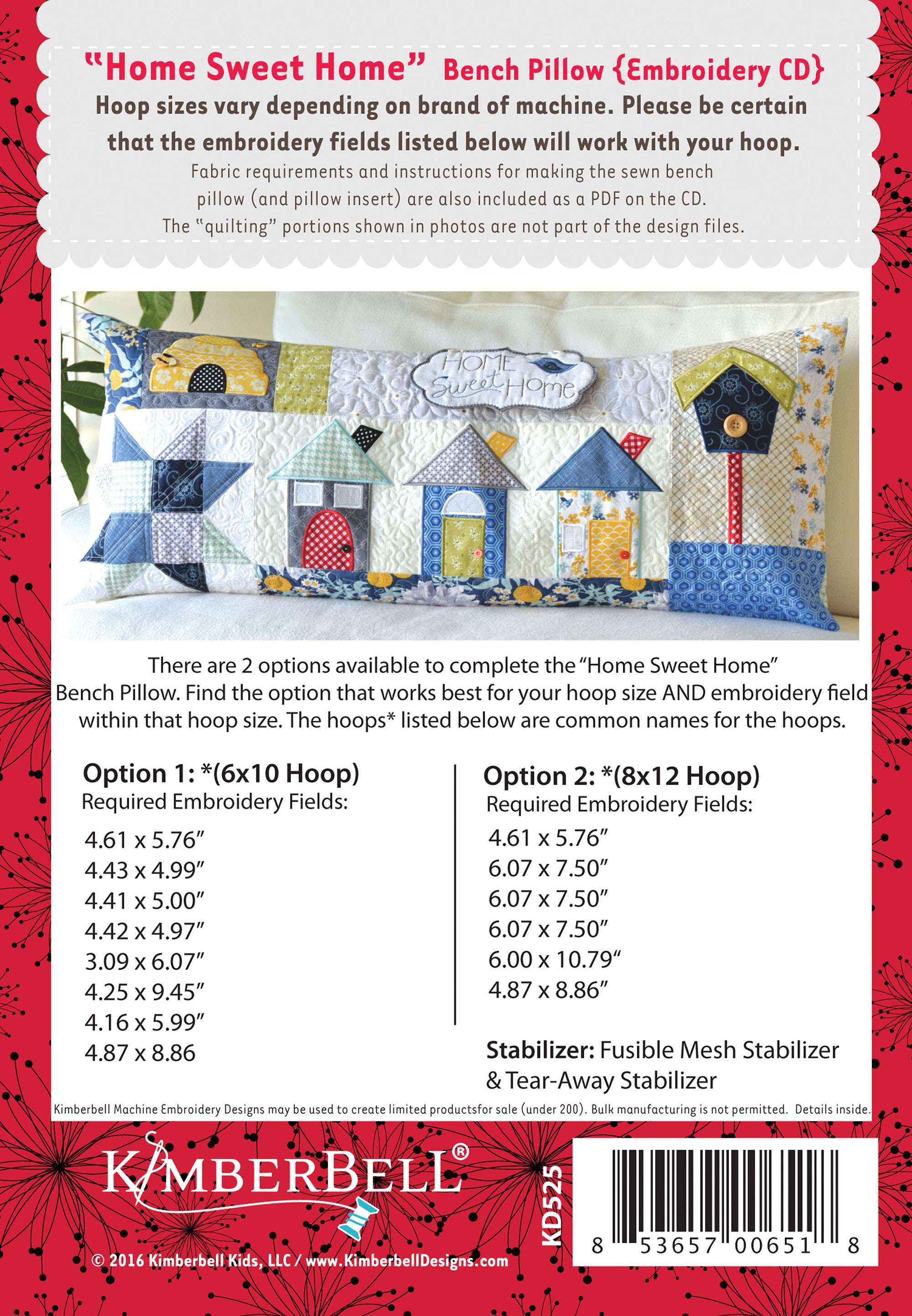 Kimberbell's Home Sweet Home Bench Pillow Machine Embroidery CD - Transform Your Home Decor!