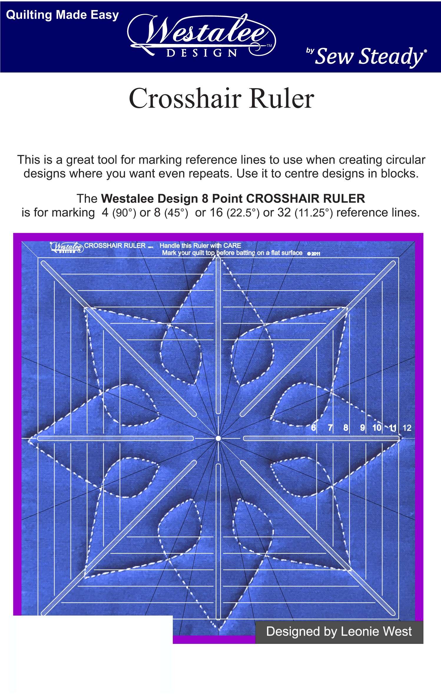 Westalee 12.5-inch Crosshair Square 6-Point Quilting Template