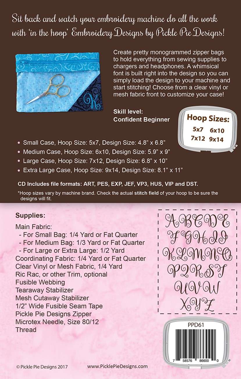 Pickle Pie Designs' Zip It Up Bags In The Hoop Machine Embroidery Design CD - Unleash Your Creativity!