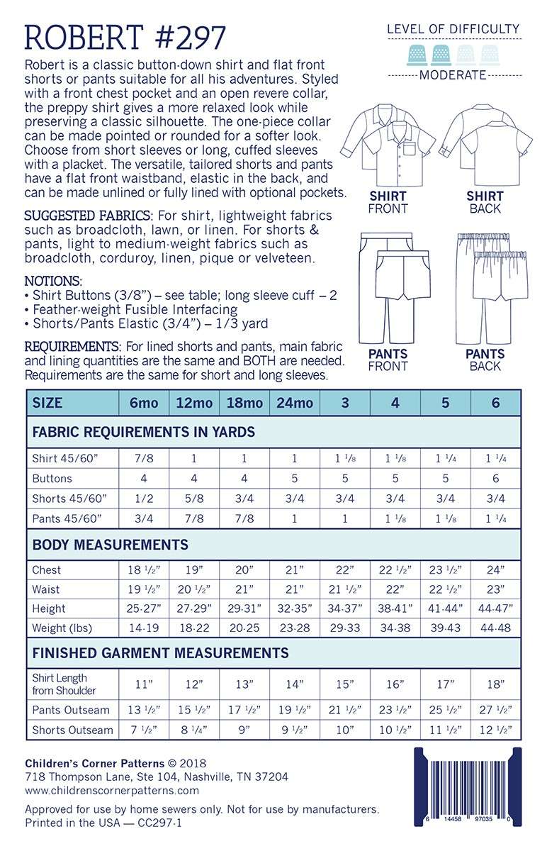 Children's Corner Robert Shirt Pattern for 6 Months - 6 Years