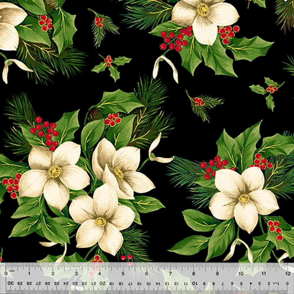 Windham's Enchanting Christmas Blooms Fabric - Christmas on Black, 108 Wide Yardage by Jennifer Paganelli & Annabel Wrigley