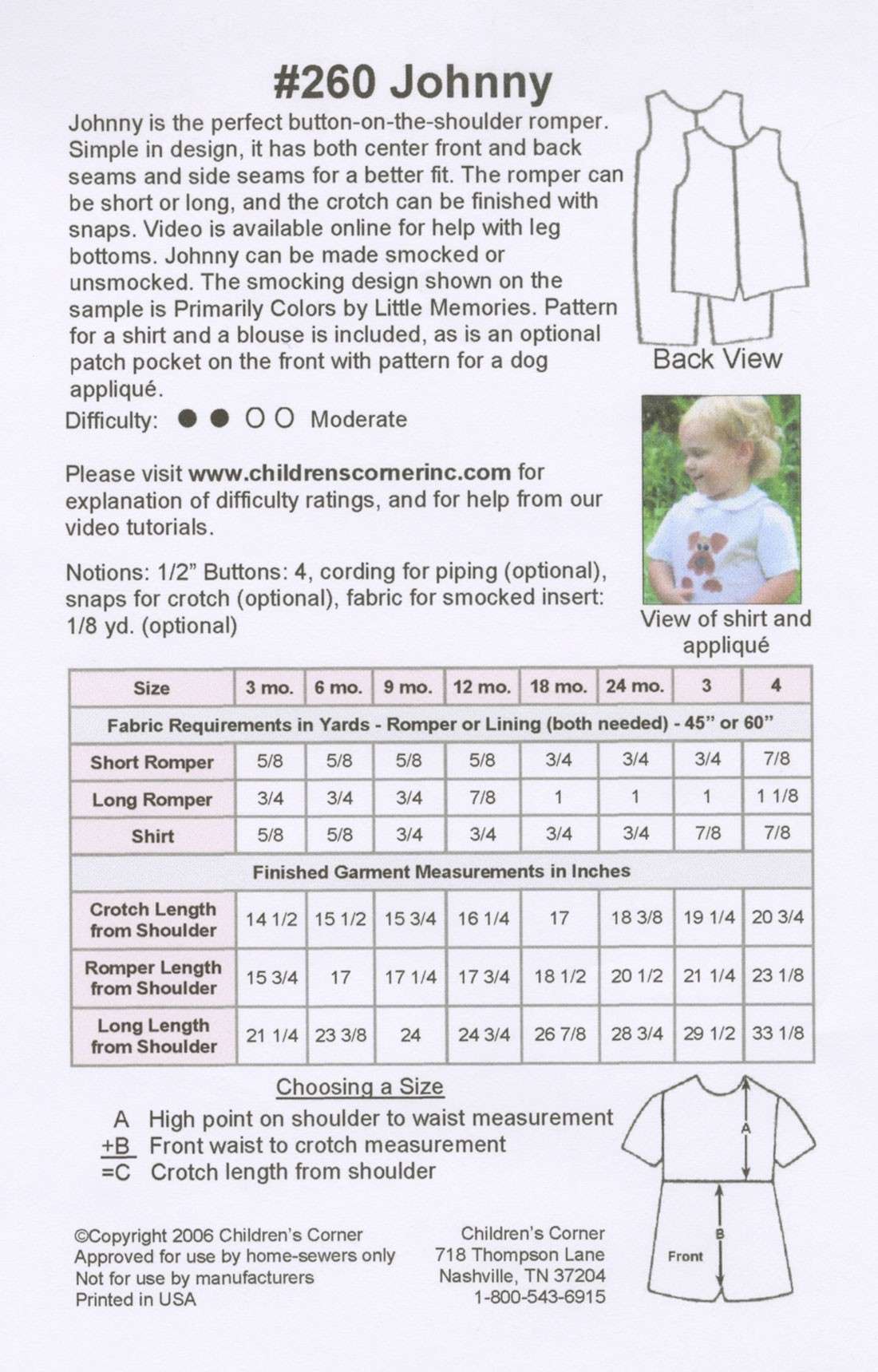 Get the Adorable Johnny Romper and Shirt Pattern for 18 Months - 4 Year Olds by Elizabeth Travis Johnson, Ginger Caldwell, and Lezette Thomason