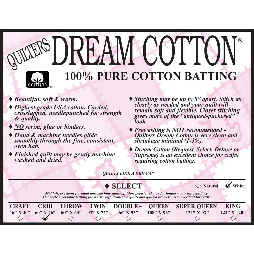 Quilter's Dream White Dream 100% Cotton Select Crib Batting - 60 x 46