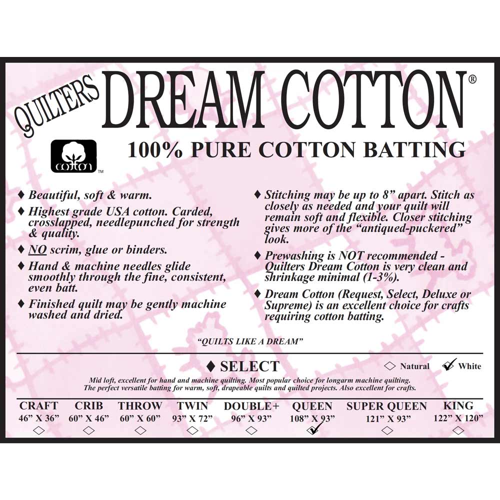 Quilter's Dream - White Dream 100% Cotton Select Queen Batting - 108 x 93