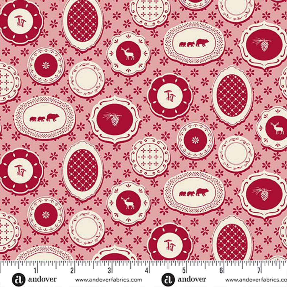 Andover Fabrics - A Woodsy Cottage by Judy Jarvi - Plate Wall Pink Yardage: A Whimsical Vintage Treat!