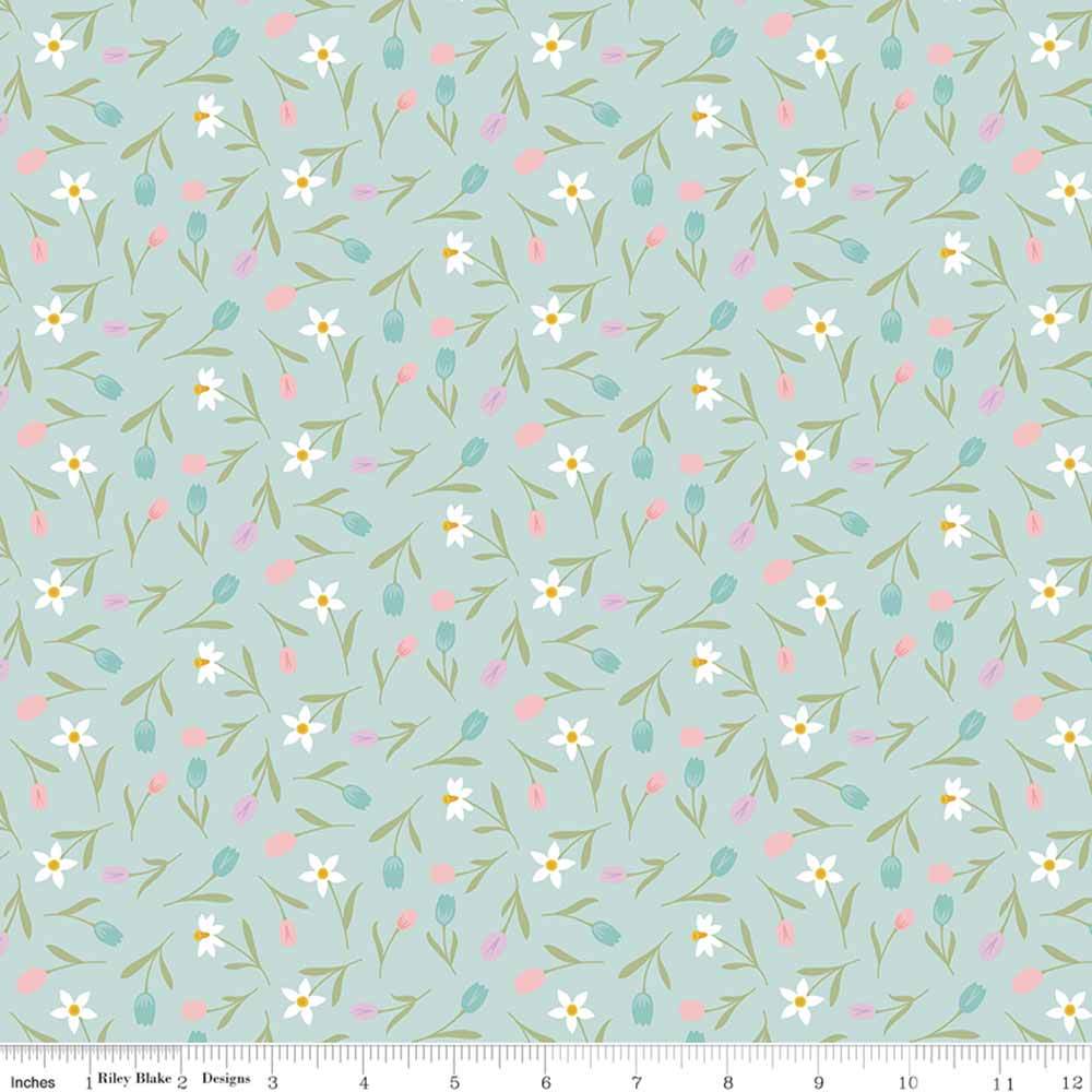 Riley Blake's Bunny Trail Tulip Toss Powder Yardage by Dani Mogstad - A Floral Easter Delight!