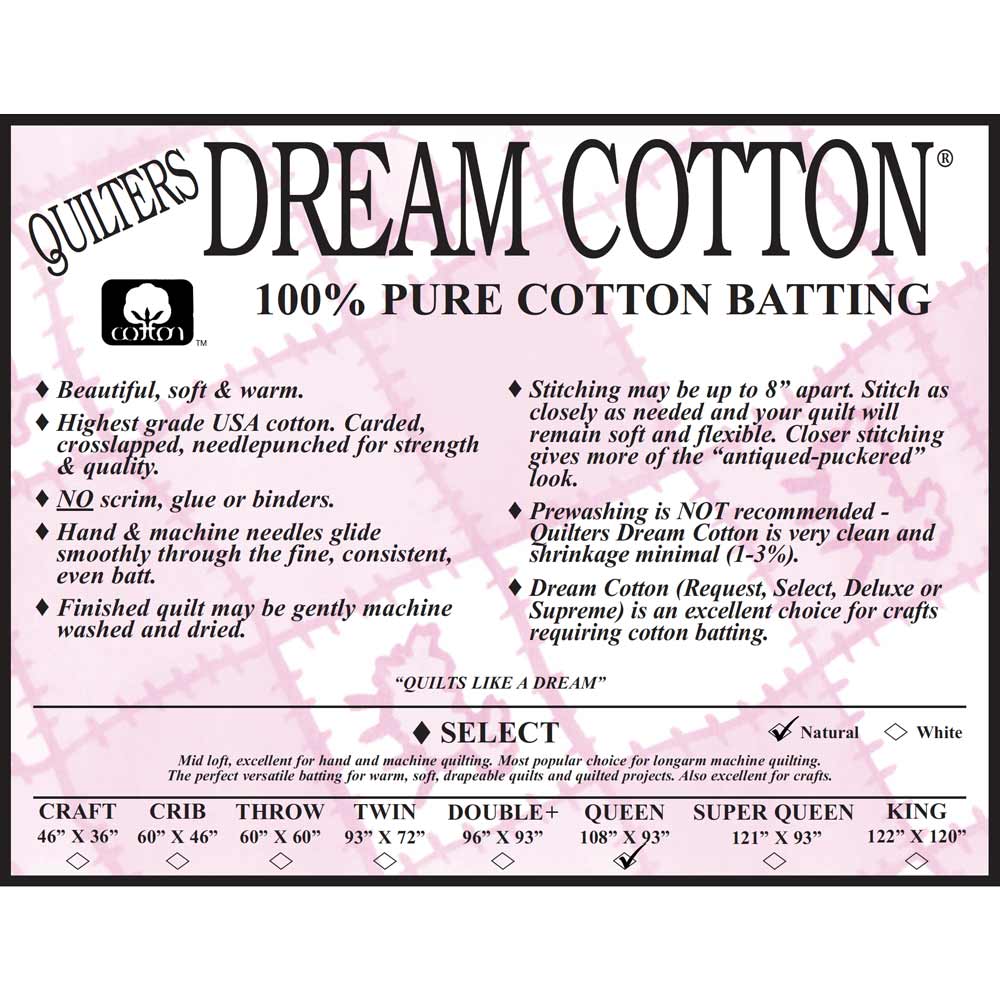 Quilter's Dream - Natural Dream 100% Pure Cotton Select Batting - Queen Size (108 x 93)