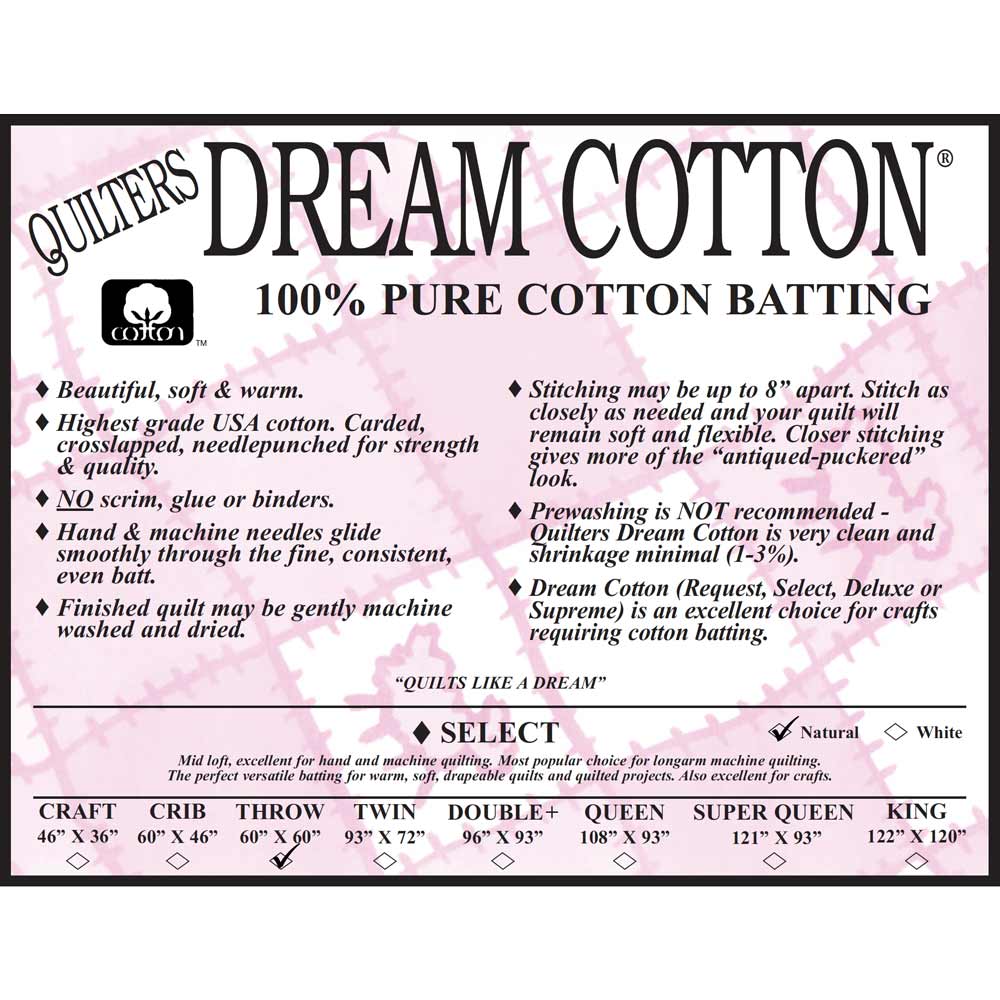 Quilter's Dream - Natural Dream 100% Cotton Select Throw (60 x 60) - Premium Batting