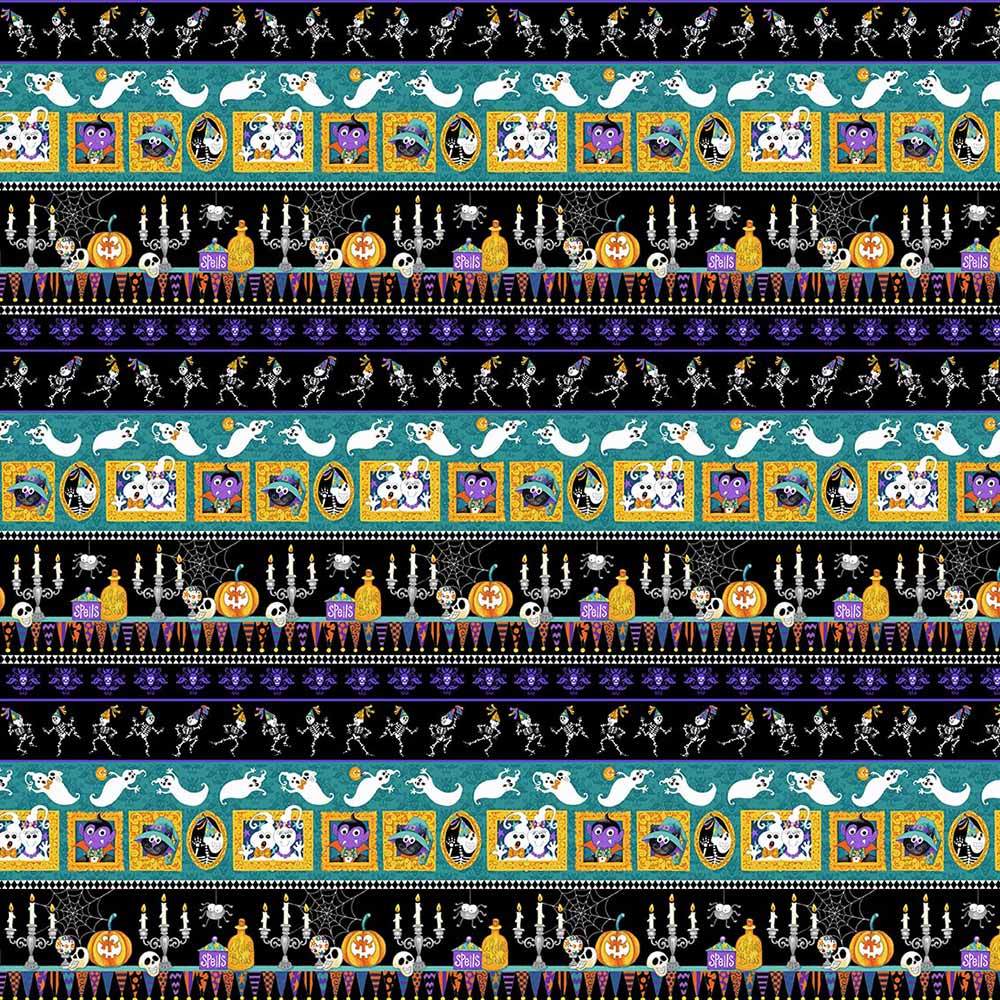 Henry Glass - Delphine Cubitt's Witch's Night Out Glow - in - the - Dark Border Stripe Yardage