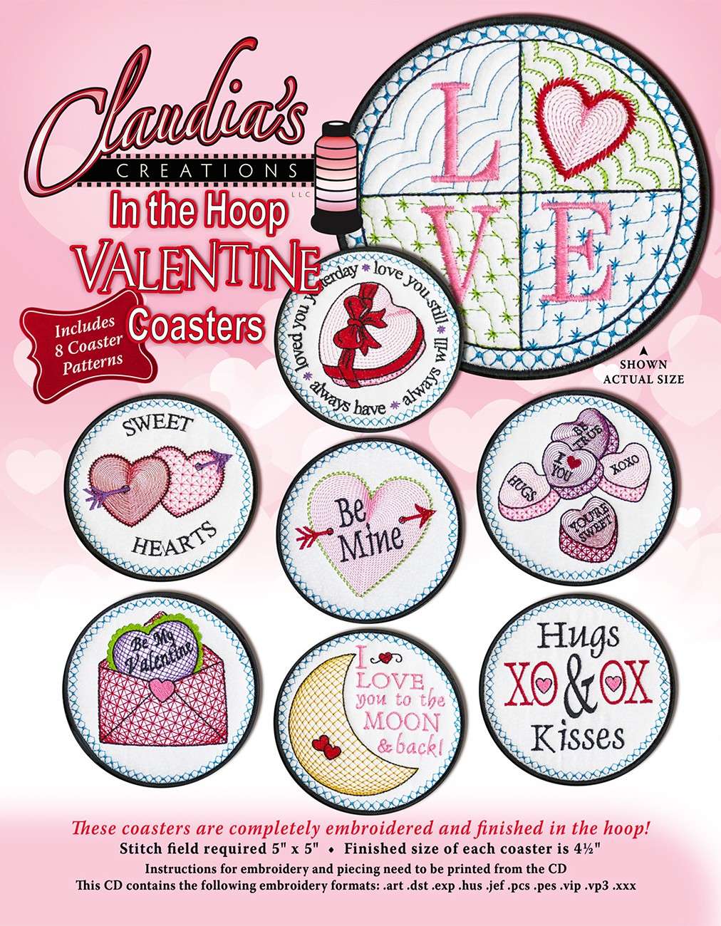 Enchanting In The Hoop Valentine Coasters by Claudia Dinnell