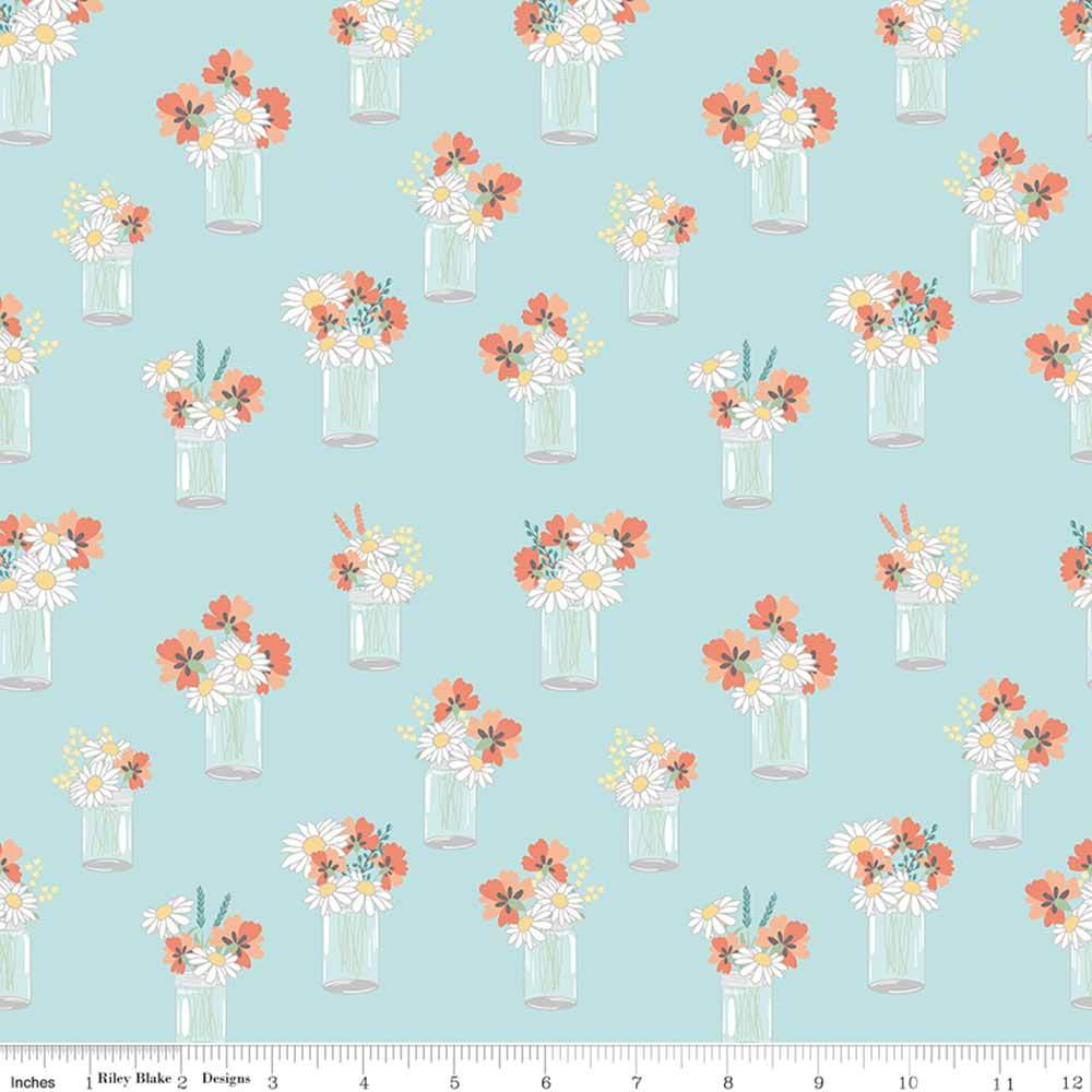 Riley Blake's Sunshine and Sweet Tea: Amanda Castor's Mason Jar Bouquets Aqua Fabric Yardage - A Must-Have!
