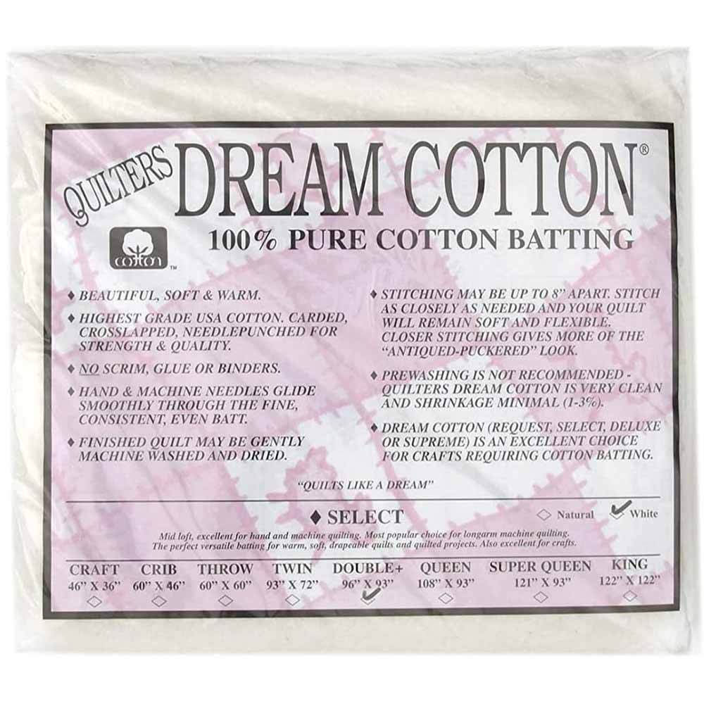Quilter's Dream - White Dream 100% Cotton Select Double Batting (96 x 93) - A Quilter's Paradise!