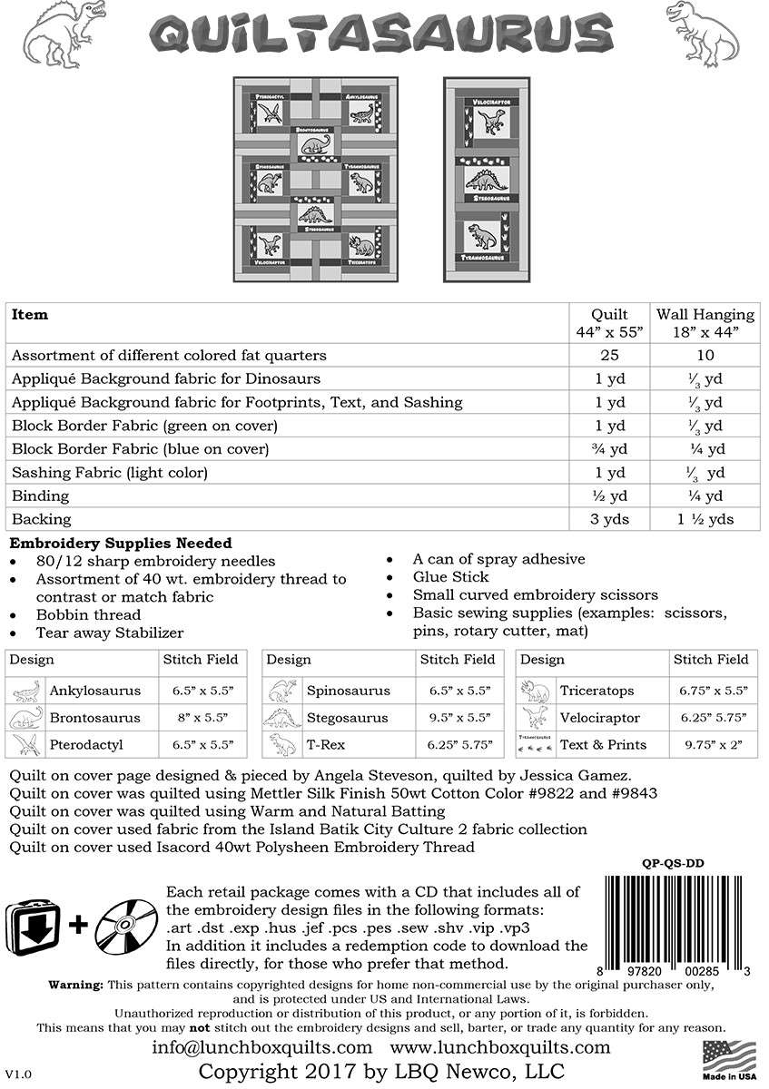 Quiltasaurus Machine Embroidery CD - Bring Dinosaurs to Life with Lunch Box Quilts