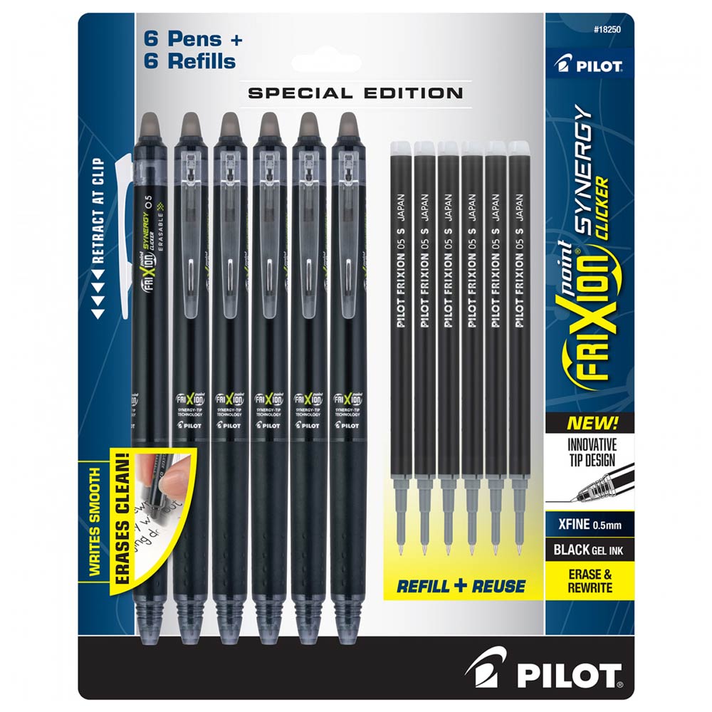 Frixion Synergy Clicker 0.5mm Black 6-Pack with Refills - The Ultimate Erasable Pen Set
